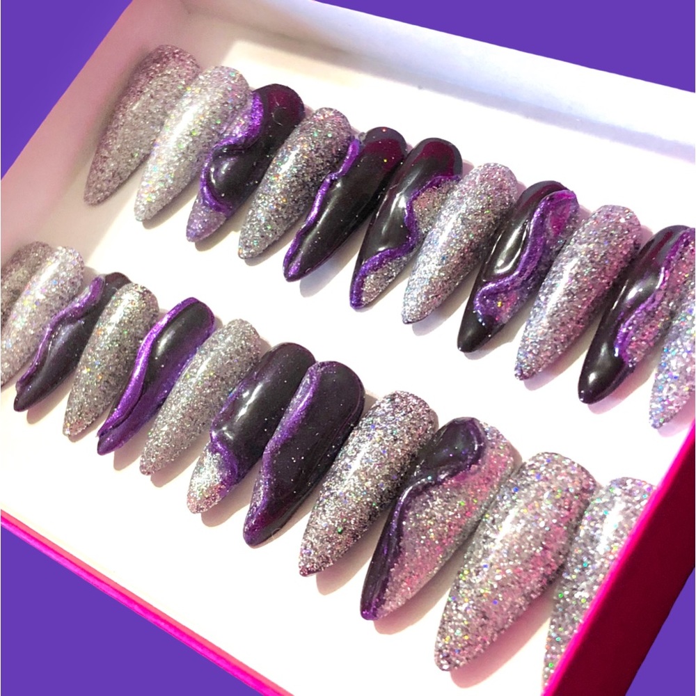 *SOLD* Handmade Press On Nails Long Almond Shape Full Set UV Gel Purple & Holo … - Picture 6 of 13